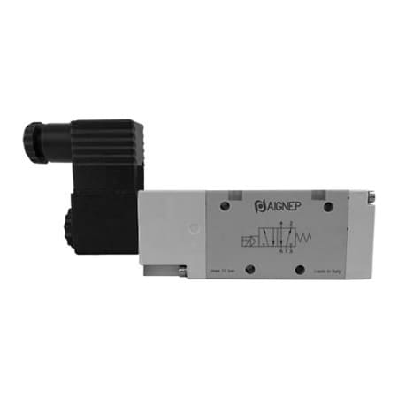 Aignep USA 5/2 Single Solenoid Valve, Ext Pilot Spring Return G 1/8, 24V DC/2W Coil, Black Conn.